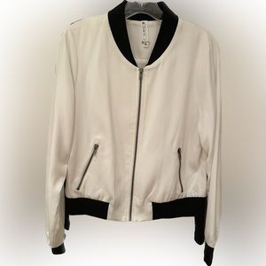 Mural white silky lightweight Bomber Jacket with black trim
